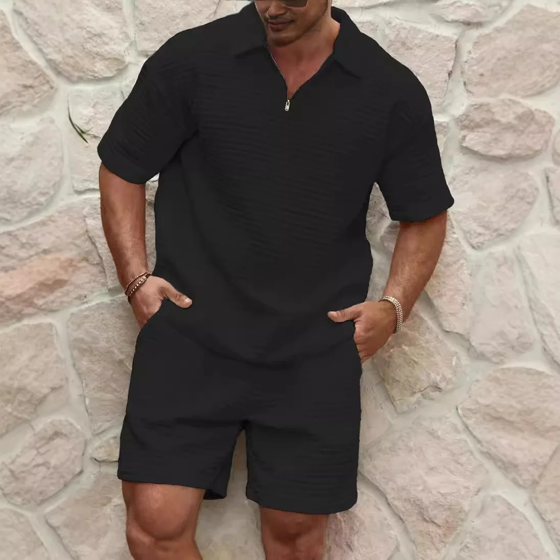2025 Summer Mens Set Fashionable Style Simple Waffle Color Solid Color Collar Polo Shirt Short Sleeve Shorts Sports Set 250605