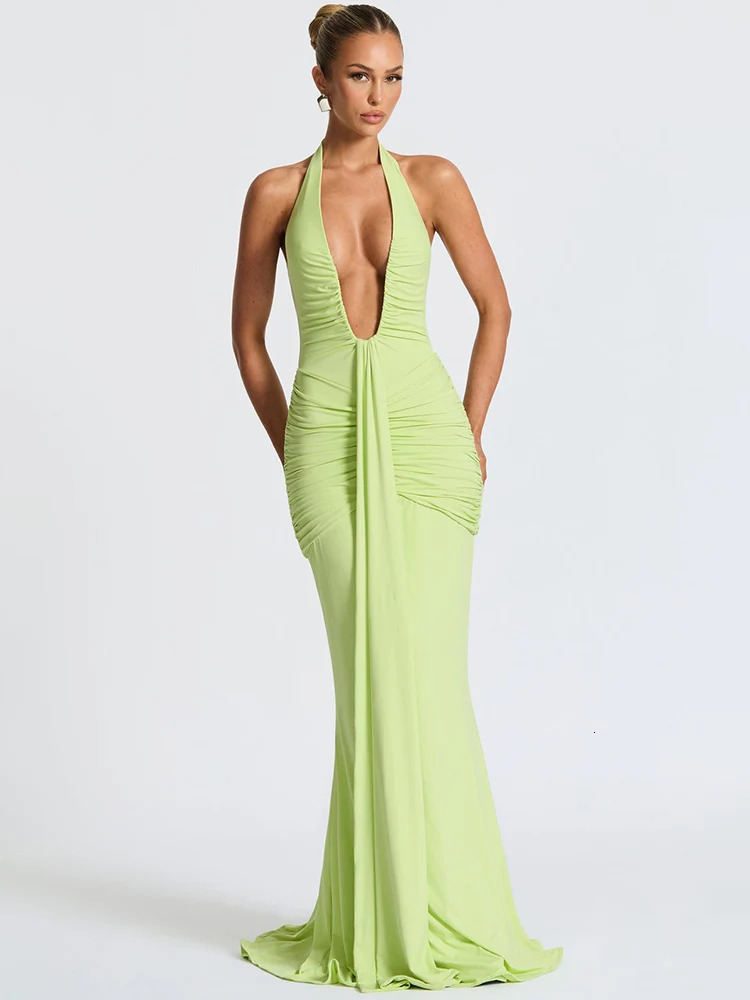 Mozision Deep V Neck Backless Ruched Sexy Maxi Dress Women Gown Summer Halter Sleeveless Draped Club Party Long Dress 2025 250605