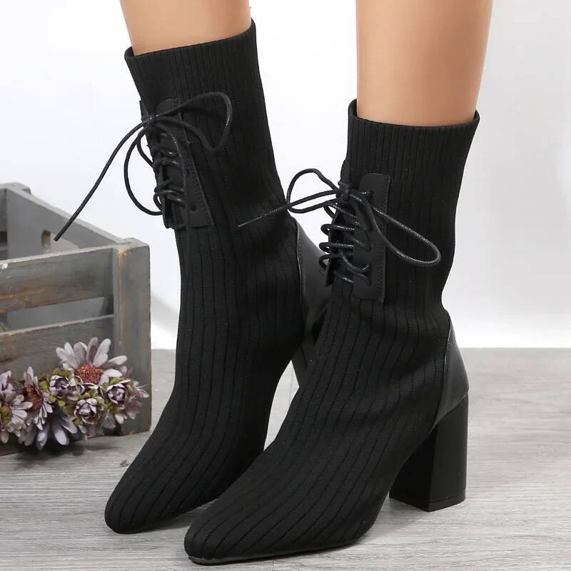 Ddmyoutdoor Knit Socks Shoes Stretch Fabric Women Ankle Pointed Toe High Heels Slip On Sock Heeled Boots Size Outdoor Shoes