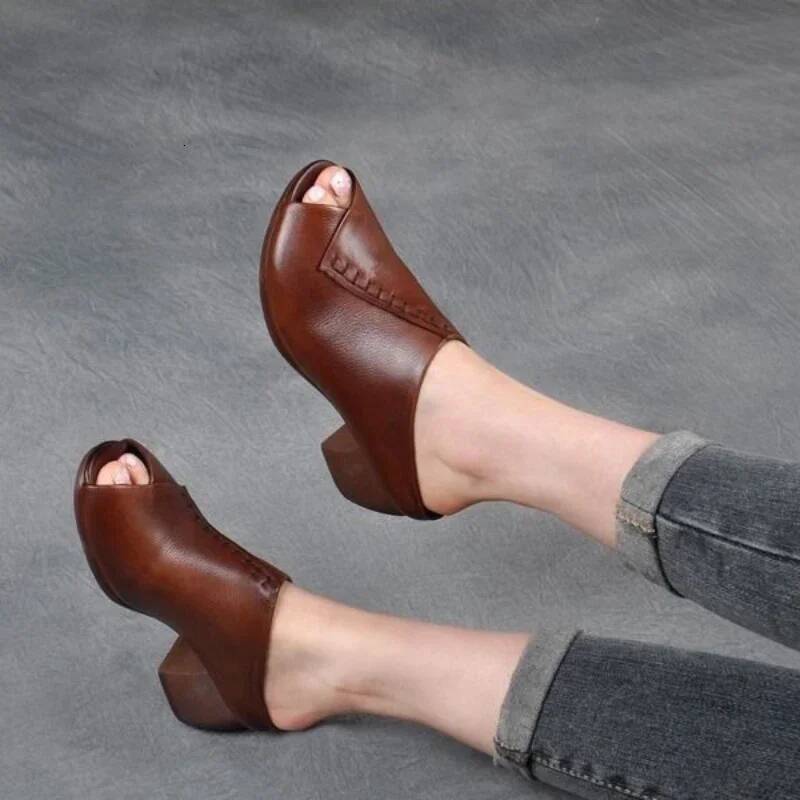 Ddmyoutdoor Thick Heeled Soft Leather Slippers Fish Mouth Womens Sandals Comfortable Versatile Women Shoe Platform Wedges Zapatillas Beach Shoes outdo