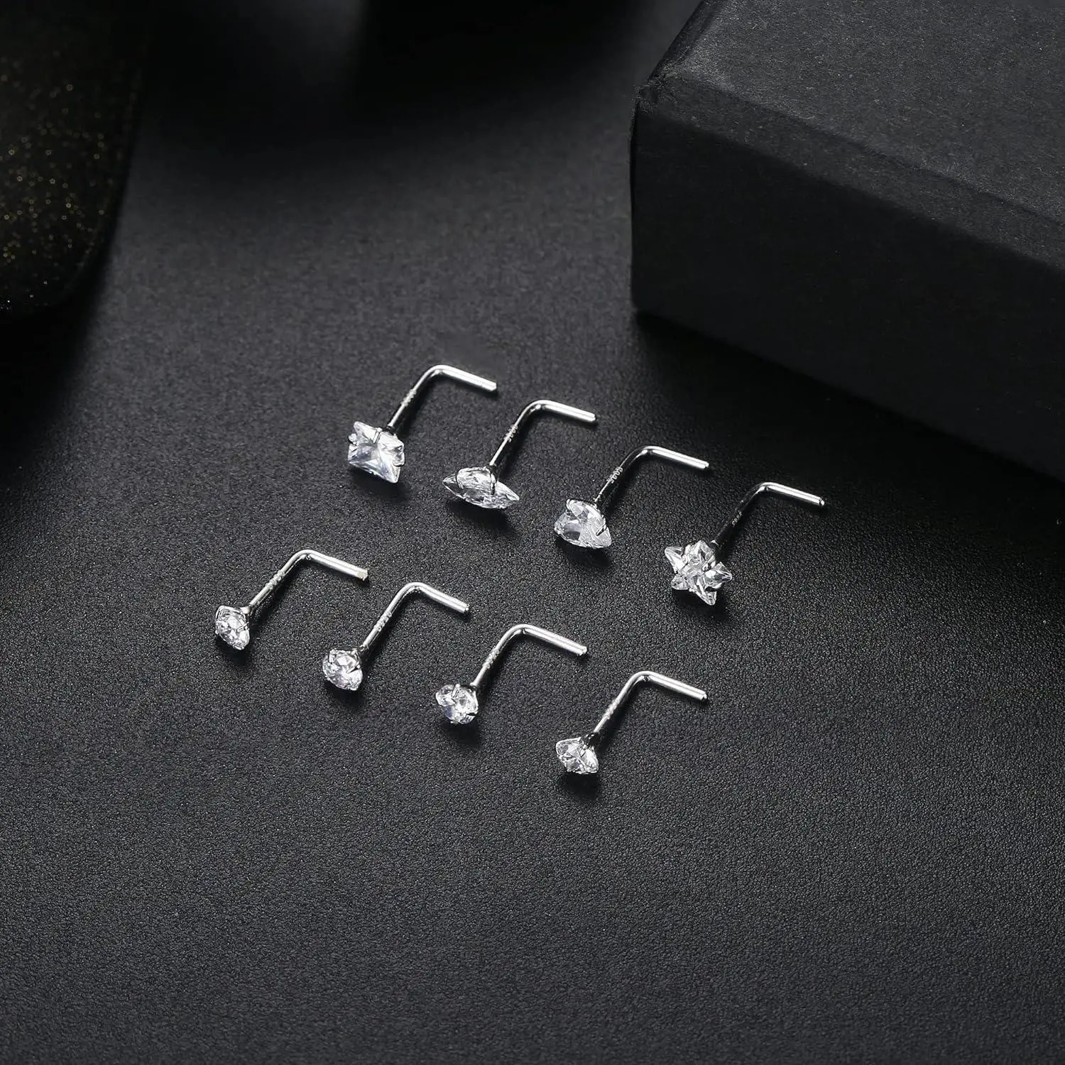 Fansilver 8Pcs S925Sterling Silver Nose Rings Studs for Women Men Star Marquise Heart Square Round Shaped L Shape Nose Ring 250605