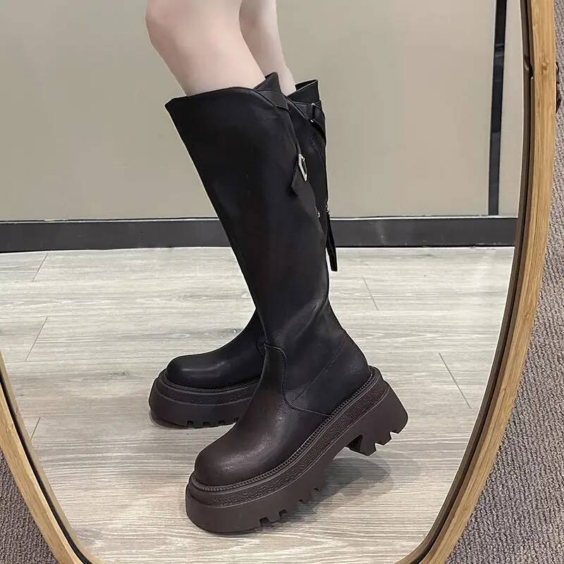 Ddmyoutdoor Women Platform Knee High Female Thick Bottom Wedge Heels Punk Boots Ladies Autumn Winter PU Leather Motorcycle Botas Mujer Outdoor Shoes