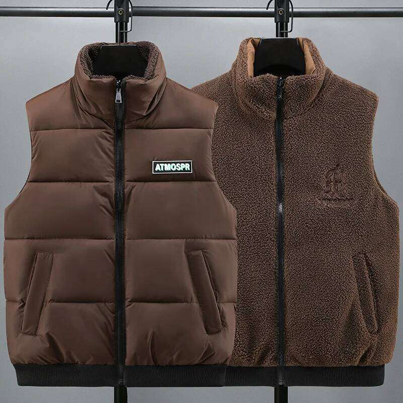Double Sided Men's Spring Vest Zip Up Layer Polar Fleece Sleeveless Jacket Male Fashion Outdoor Brown Winter Warm Casual Brushed