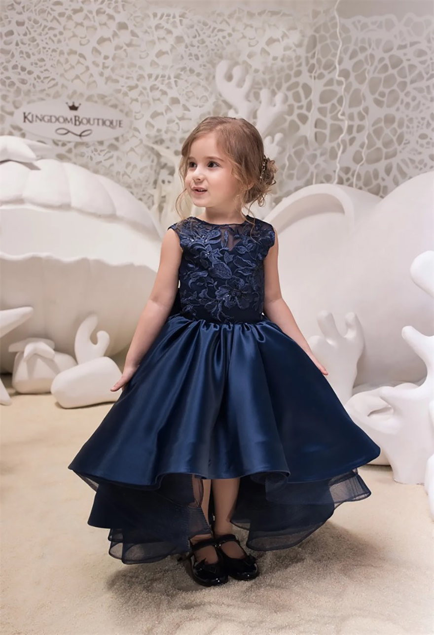 Hi Lo Kids Prom Dresses 2025 Mother Daughter Gowns Navy Blue Flower Girls Dress Big Bow V-Back Formal Party Wear for Little Girls