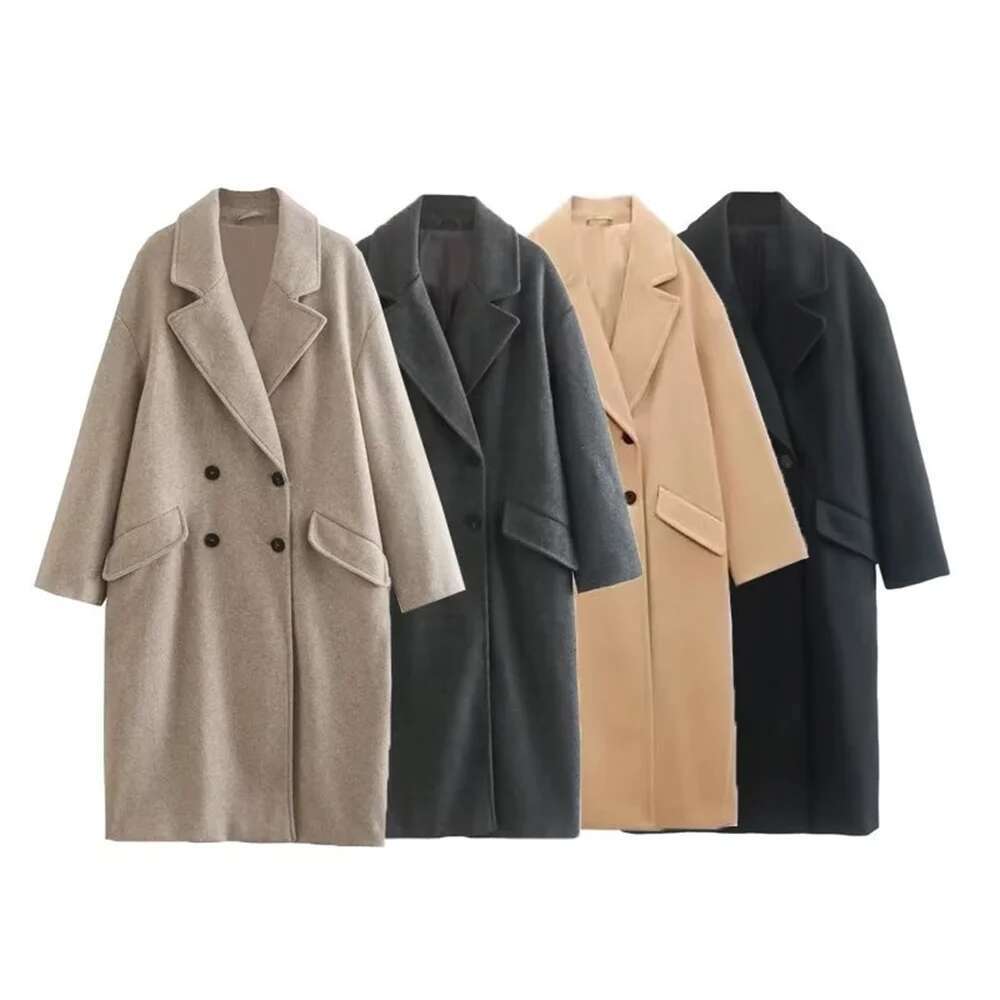 UNIZERA Winter New Product Women's Fashion and Casual Versatile Flip Collar Double breasted Button Long Woolen Coat Co