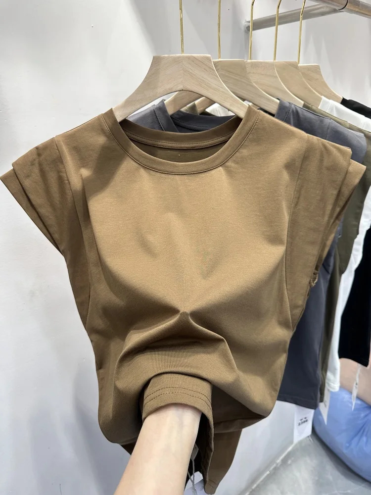 Internet Flying Sleeve T-shirt for Women with Round Neck Minimalist Slim Fit Sleeveless Top for Summer 250605