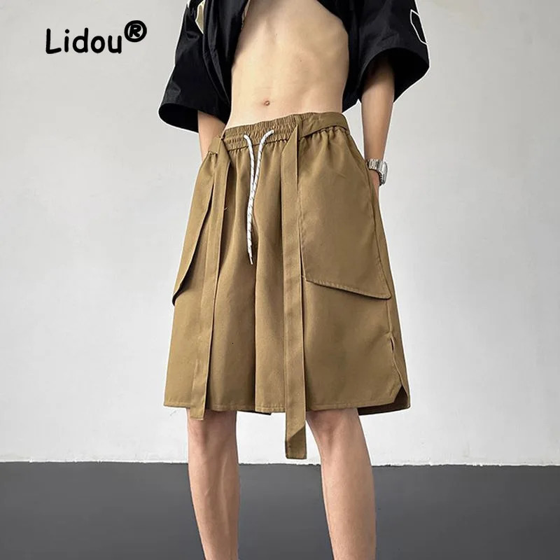 Vintage Fashion Personality All-match Mens Cargo Shorts Classic Loose Korean Street Casual Waist Drawstring Casual Short 250605