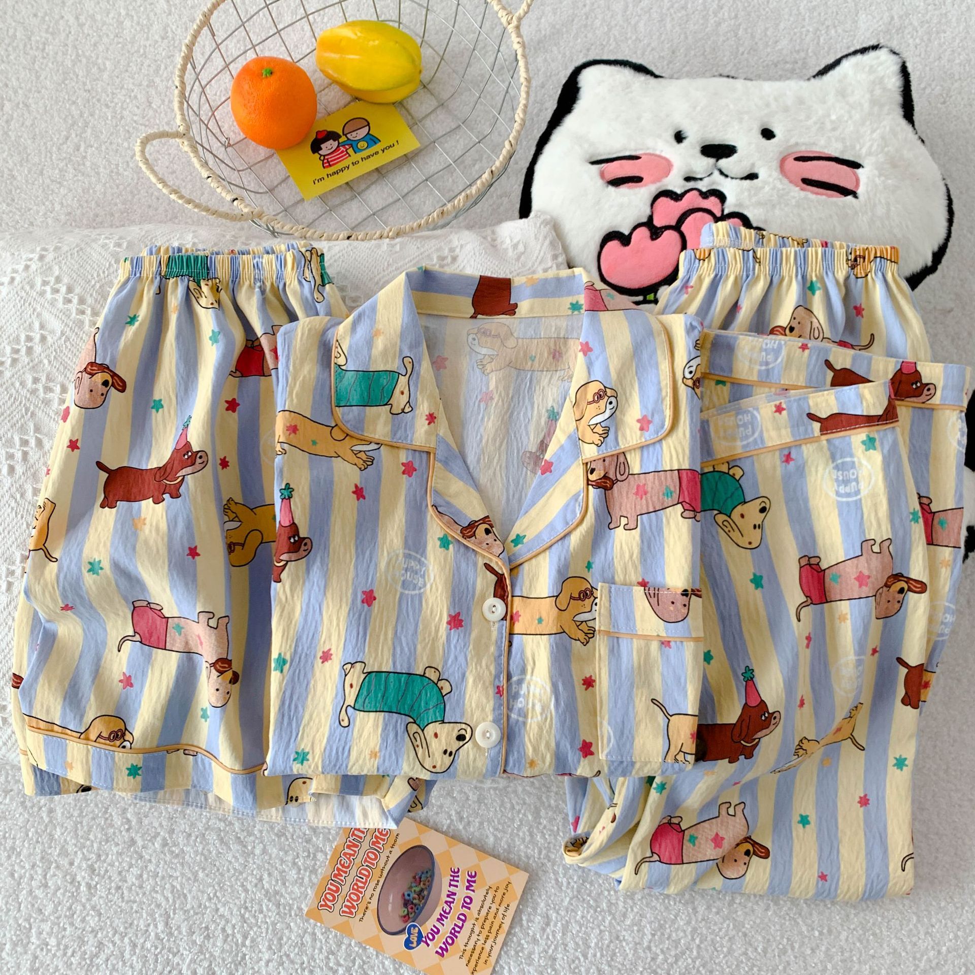 B915-Summer new cloud cotton three-piece suit cartoon lapel short-sleeved shorts trousers home clothes women's pajamas suit