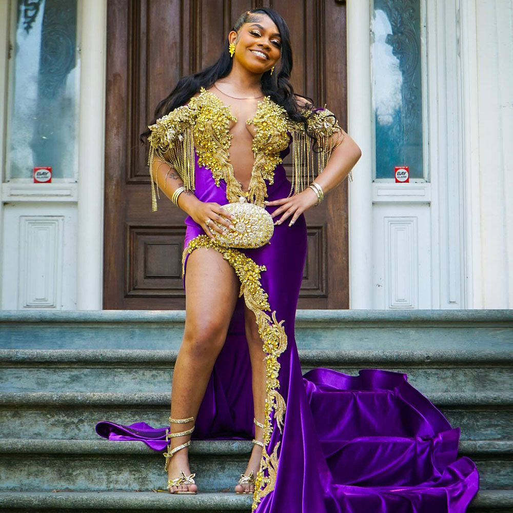 Purple Mermaid Prom Dresses 2K25 Crystals Diamonds Split Birthday Party Gowns Tassel Evening Gown