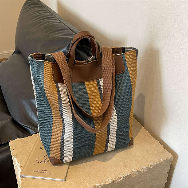 2025 Canvas New Fashion Striped Color-Block Women's Large Capacity Versatile Trendy Ladies' Casual Shoulder Bag