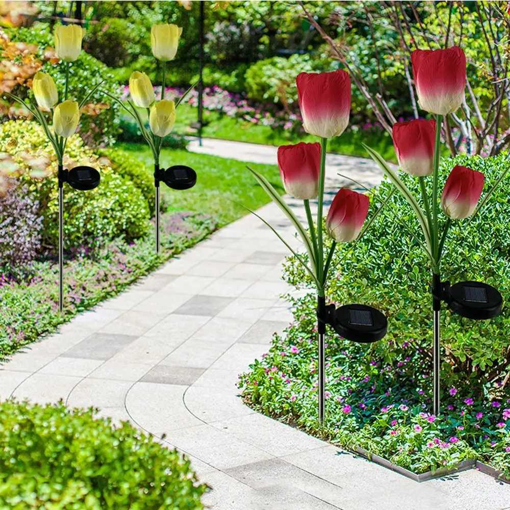 Stainless Steel Solar LED Light Waterproof Modern Tulip Rose Flower Lamp Simulated Creative Landscape Light Yard W250607