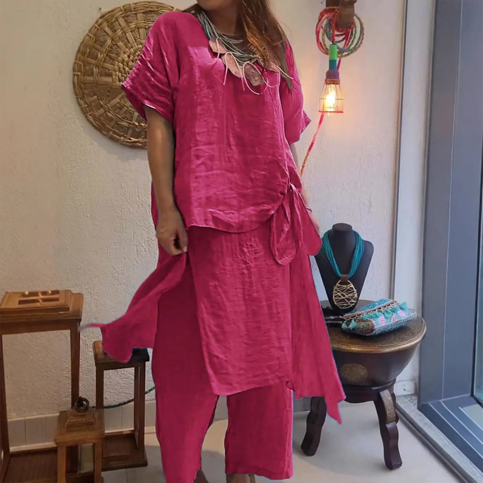 Simple Women Tops Pants Set Cotton Blend Short Sleeve Breathable Elastic Waist Outfit Suit T-shirt Pants Set Comfy 250605