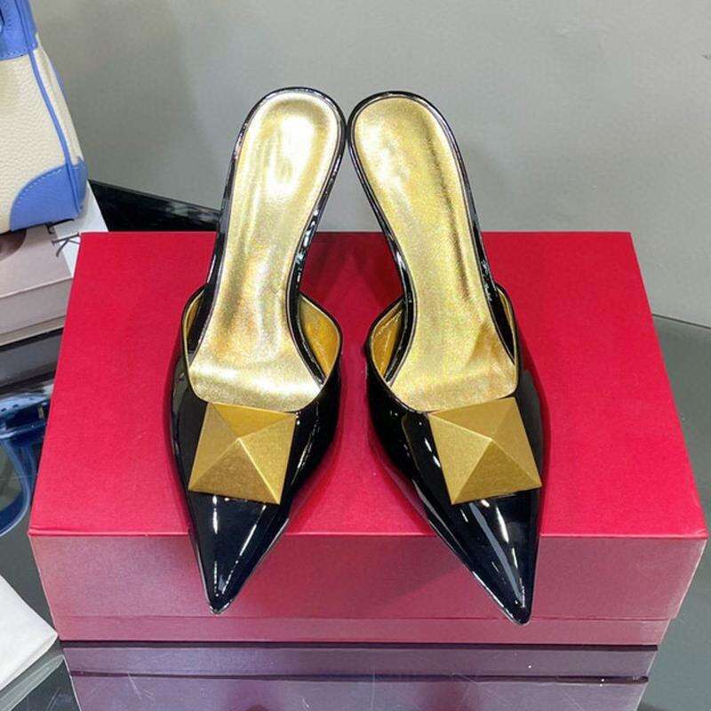 Pointed Large Rivet Half Slippers for Women 2025 New Summer Fashion Metal High Heel Closed Toe Sandals