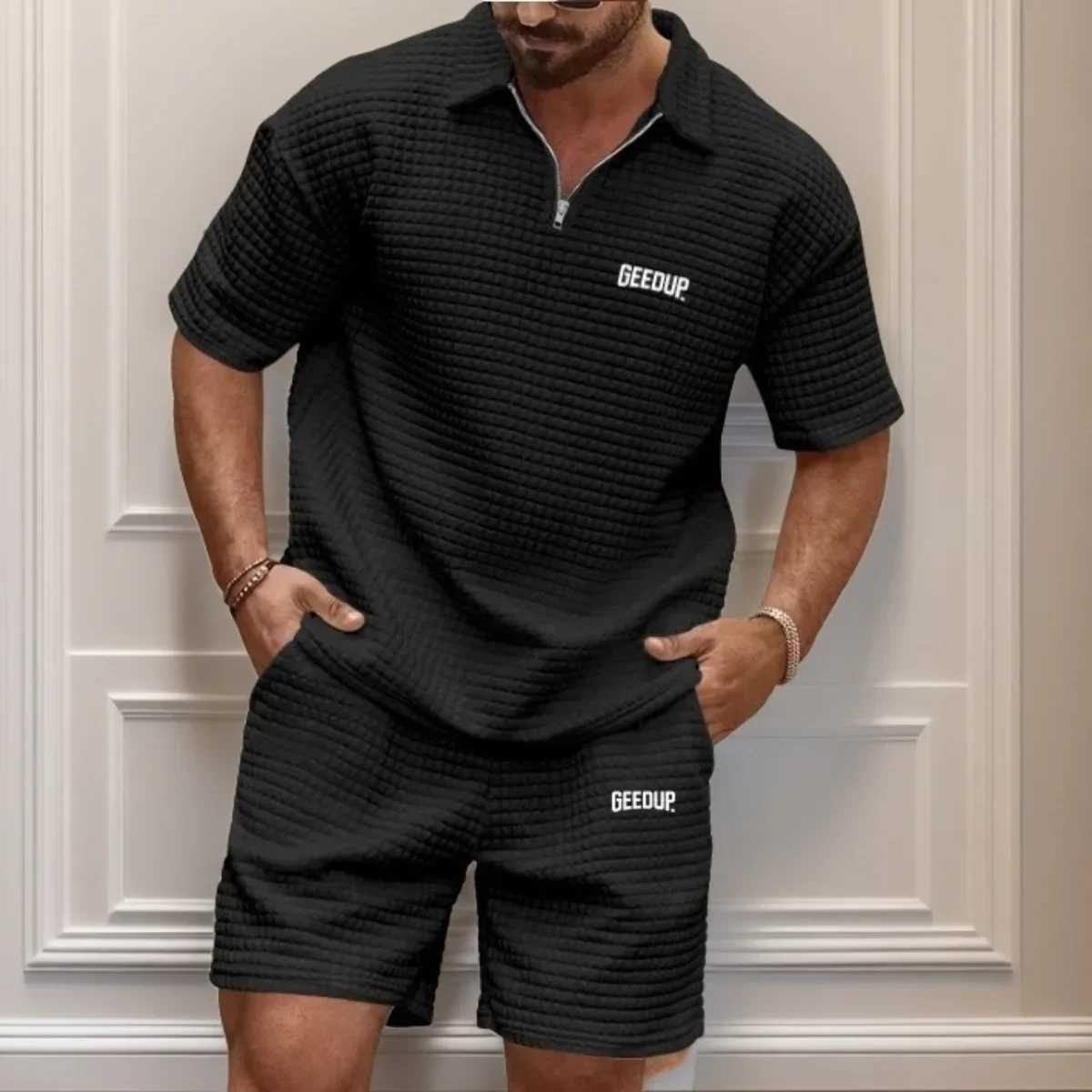 New Mens Casual Fashionable and Comfortable Waffle Checkered Letter Lapel Sportswear Set Spring and Summer Two-Piece Set W250609