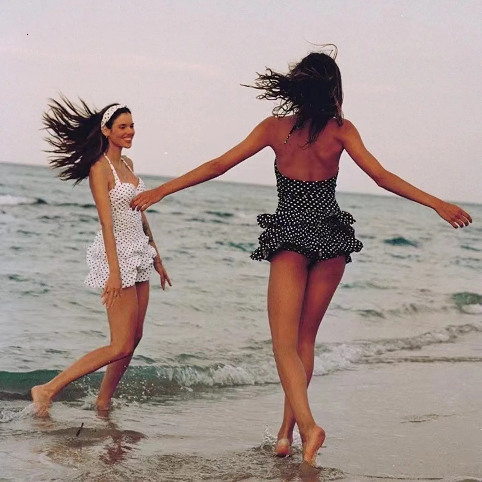 Swimwear Women Beach Dress With Shorts Polka Dot Print Black White Swimsuits Halter Ruffles Hem Layer Sexy Beachwear 250530