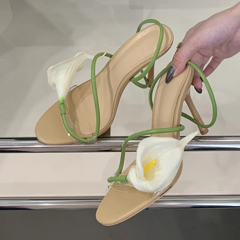 Liyke Summer Fashion Morning Glory Open Toe Slip On Back Strap Sandals Women Green High Heels Wedding Prom Shoes Zapatos Mujer 250605