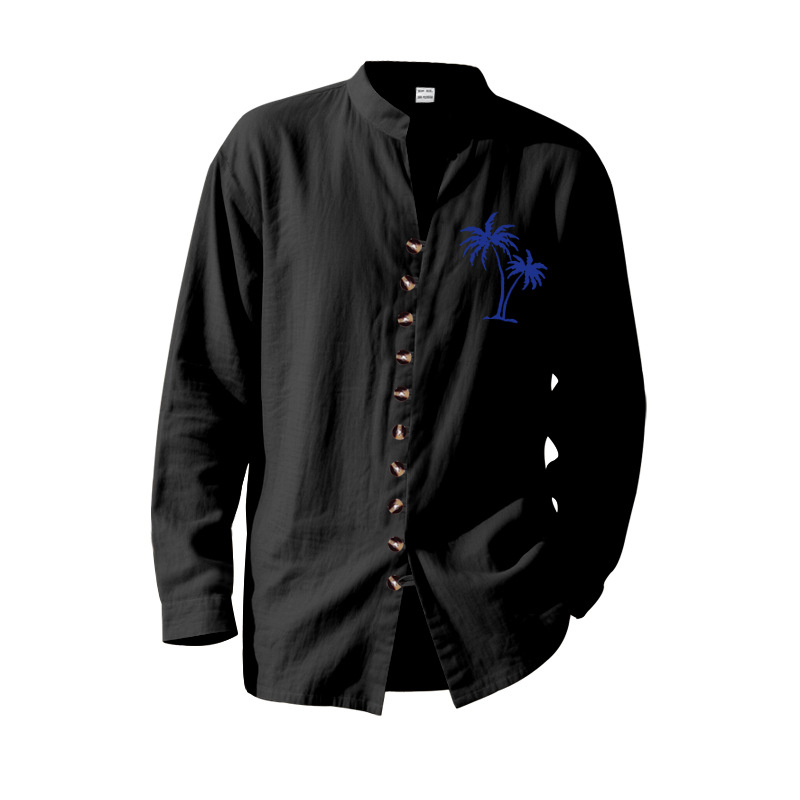 2025 mens button up shirt polo shirt Coconut Tree Casual Print Retro Stand Collar Long-Sleeve Button Men's Shirt EU Sizes: S-3XL