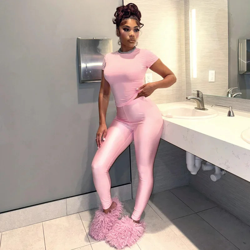 Leosoxs Casual Sporty Women 2 Piece Set Tracksuit Shorts Sleeve Crop TopsSilky Leggings Matching Streetwear Activity Outfits 250605