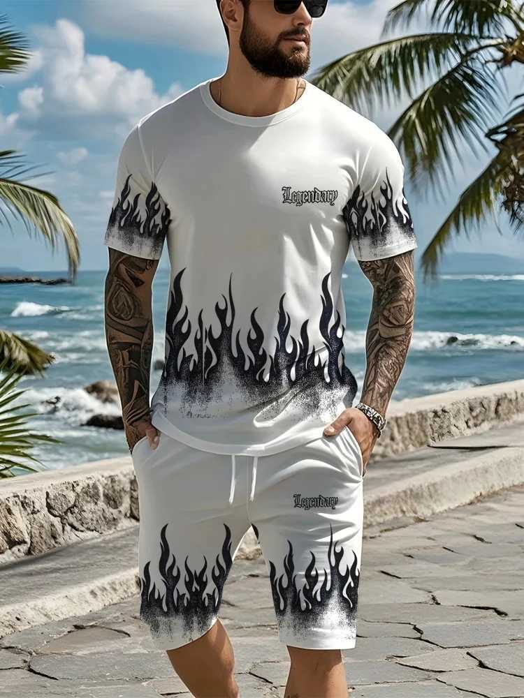 Mens Summer Short Sleeve Set 3D Creative Flame Print Short Sleeve Top Shorts Casual Two-piece Outdoor Fashion Wear W250609