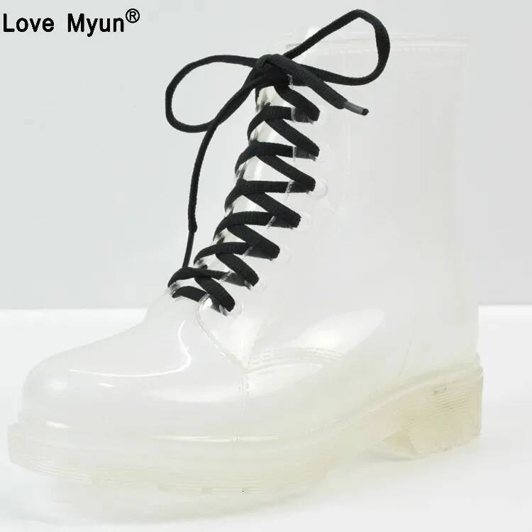 Ddmyoutdoor Women Rain Boots Mature Lace Up Waterproof Lady Transparent Candy Color Ankle Outdoor Girl S Shoes Outdoor Shoes