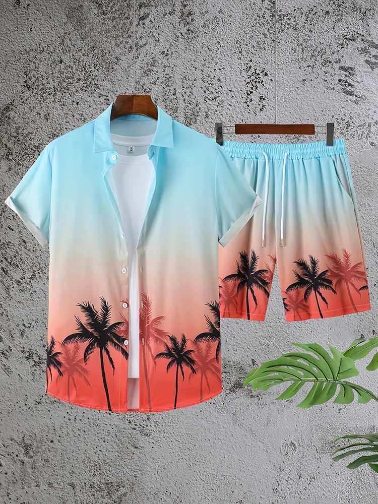 Coconut Tree Print Mens Short Sleeve Shirt And Beach Shorts Set Summer Everyday Mens Casual Shirt Hawaiian Style Mens Shorts W250609