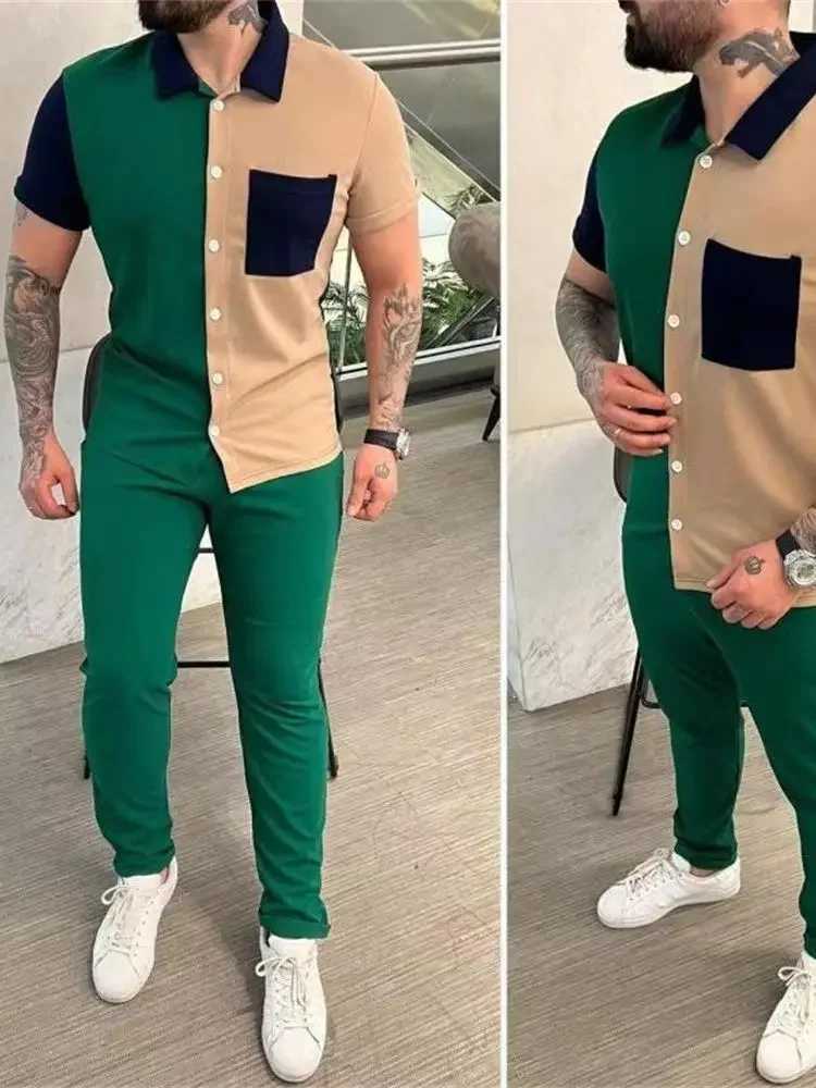 Men Pant Set Two Piece Sets Short Sleeve Turn Down Collar Single Breasted Shirt Tops Splice High Waist Long Pants 2024 W250609