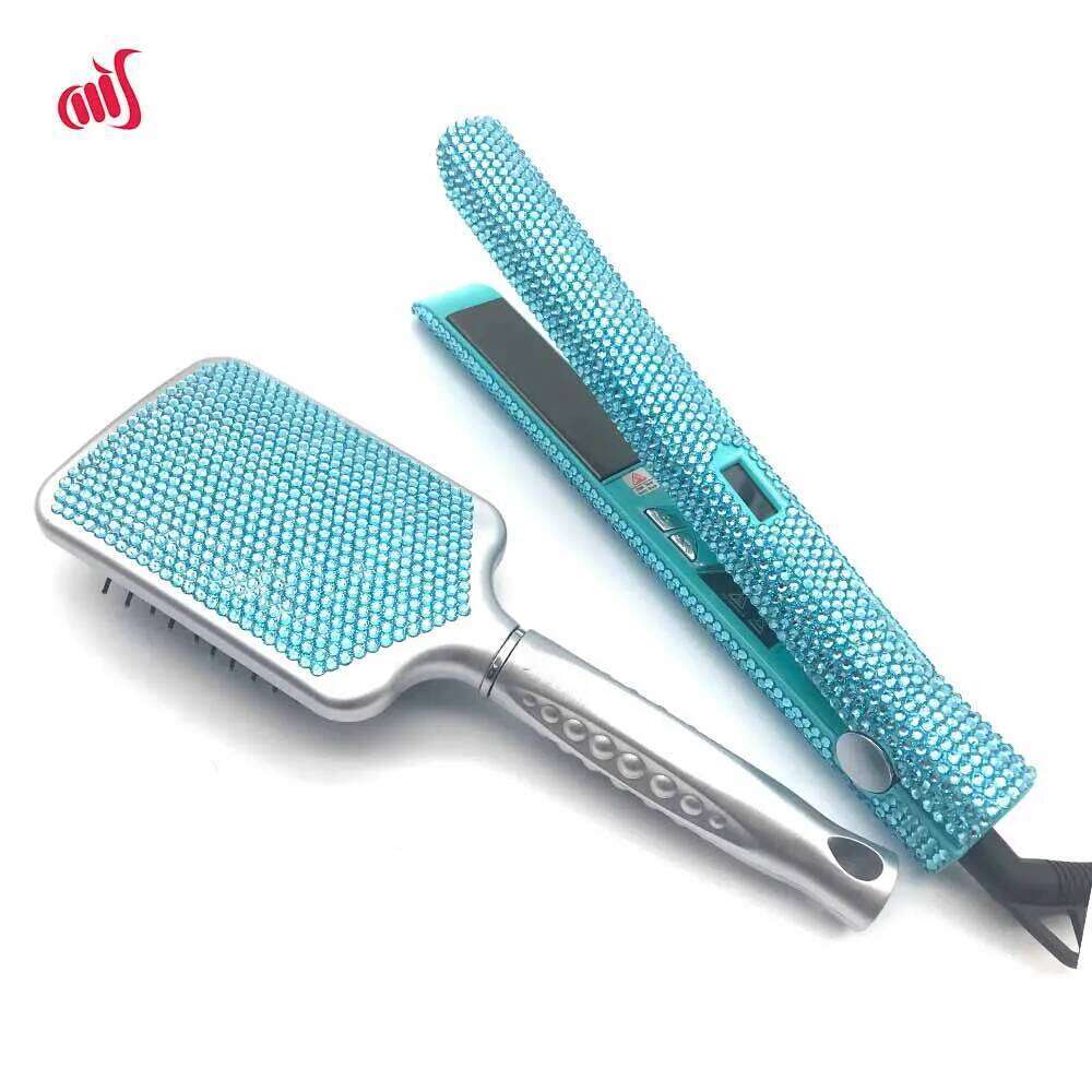 Straightener Iron & Paddle Rhinestone Flat Iron& Massage Brush Kit Planchas Para El Cabello& Cepillo Set