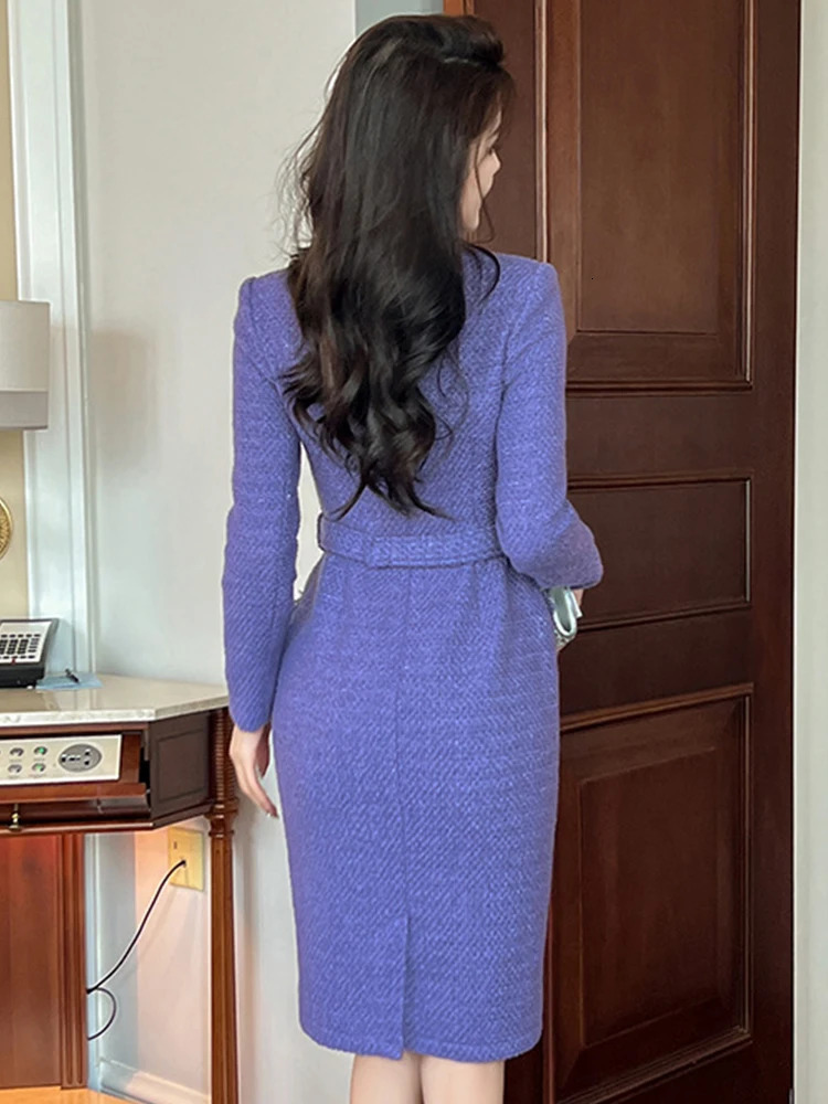 Womens Elegant Fashion Midi Dress for Woman Purple Tweed Bright Silk Tassel Belt Robe Professional Business Office Lady Vestiod 250603