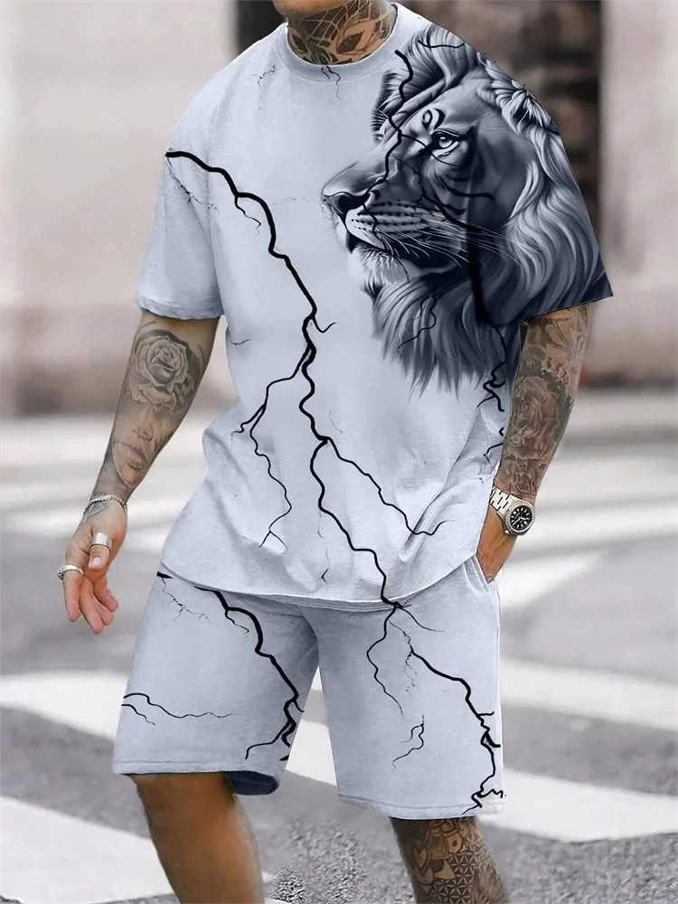 2024 New Crew Neck Short Sleeve T-shirt Fashion Shorts Set 3D Lion Print Short Sleeve Shorts 2-piece Mens Summer Sports Set W250609