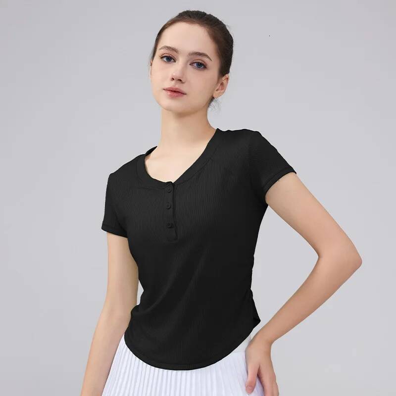 Women Summer Yoga Half Sleeve Chest Button Solid Color T-shirt Breathable Elastic Skin-friendly Sports Gym Fiess Workout Tops
