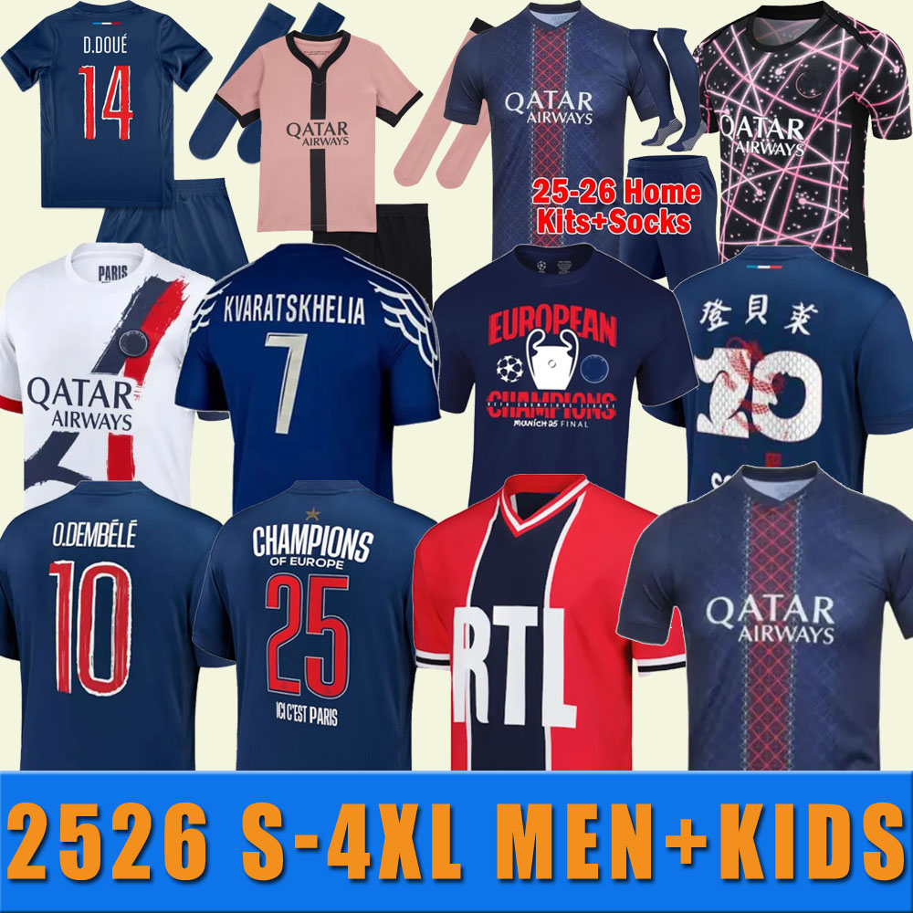 2025 2026 S-4XL O. DEMBELE D.DOUE psgES S-4XL Soccer Jersey home Maillots football shirt psgjersey men KVARATSKHELIA kids uniform HAKIMI MARQUINHOS