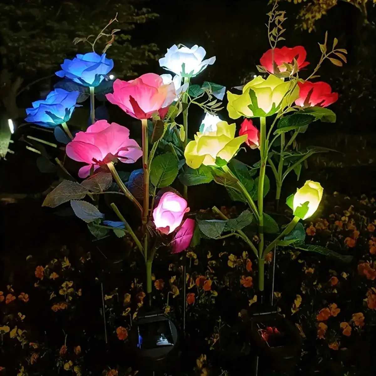 1pcs Outdoor Waterproof Solar Rose Lights with 3 Realistic Lighted Flower Heads Garden Decorative Lamp For Home Patio Decoration XJ250606