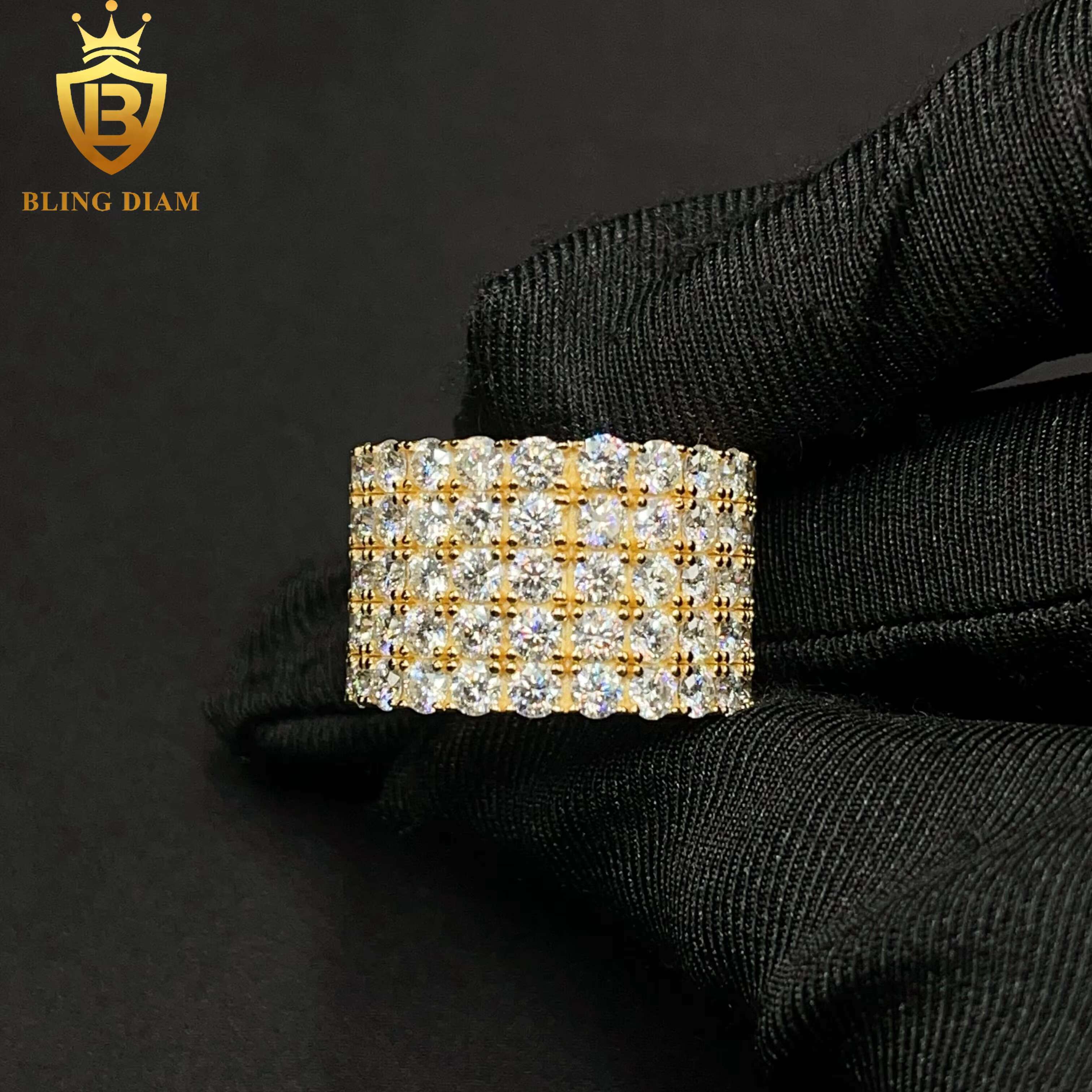 Hip Hop Jewelry 925 Sterling Silver VVS Moissanite Fully Iced 5 Rows Diamond Iced Out Ring for Men