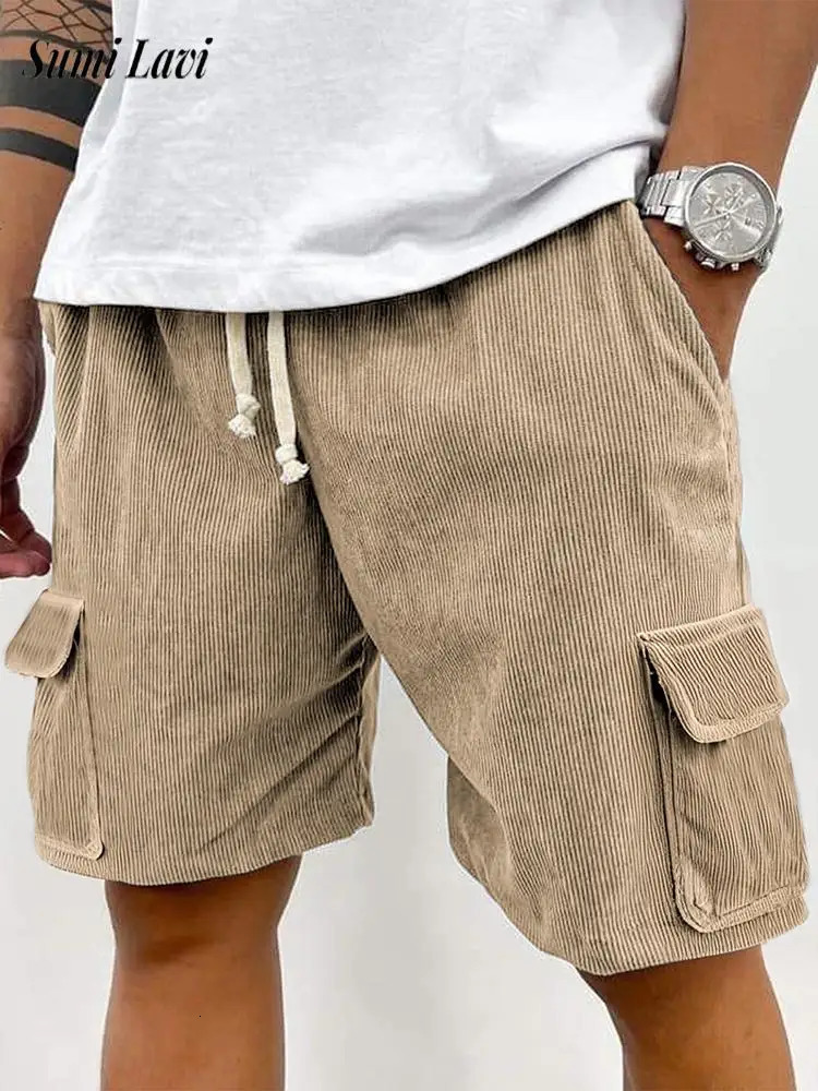 Fashion Multi Pockets Cargo Shorts Mens Vintage Patchwork Texture Ribbed Corduroy Shorts For Men 2025 Summer Casual Loose Shorts 250605