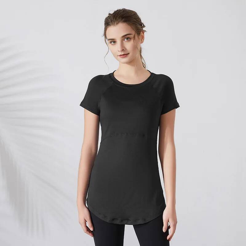 Women Yoga Shirts Short Sleeves Sport T-Shirts Breathable Slim Running Shirt Quick Dry Gym Fiess Tops Cover Hips Blouse Female