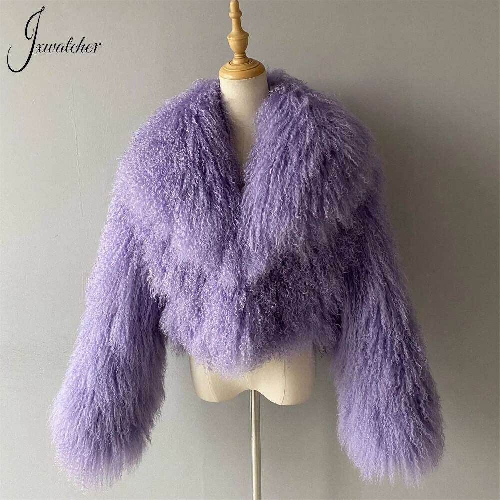 Jxwatcher Mongolian Women Big Turn-Down Collar Short Real Fur Coat Winter Ladies Fashion Warm Fluffy Jacket Female Fall