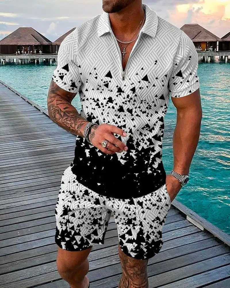 Summer Mens Zip-up POLO Collar Sports Suit Fashion Casual Street y2k Wear Sports Style Zip-up POLO Shirt And Shorts 2 Piece Set W250609