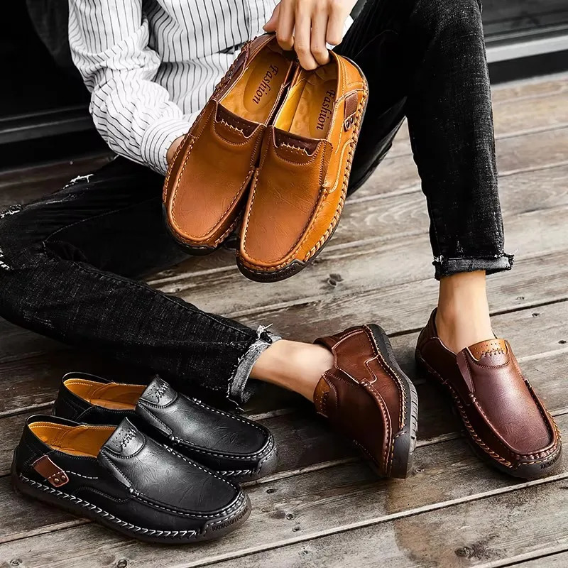 Fashion Men Casual Shoes Handmade Leather Loafers Comfortable Mens Shoes Quality Split Leather Flat Driving Shoes Size 48 250605