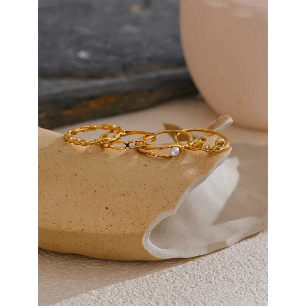 Yhpup Stainless Steel Natural Pearl Chain Geometric Stackable Thin Ring 18K Gold Color Minimalist Finger Jewelry Wholesale Gift W250606