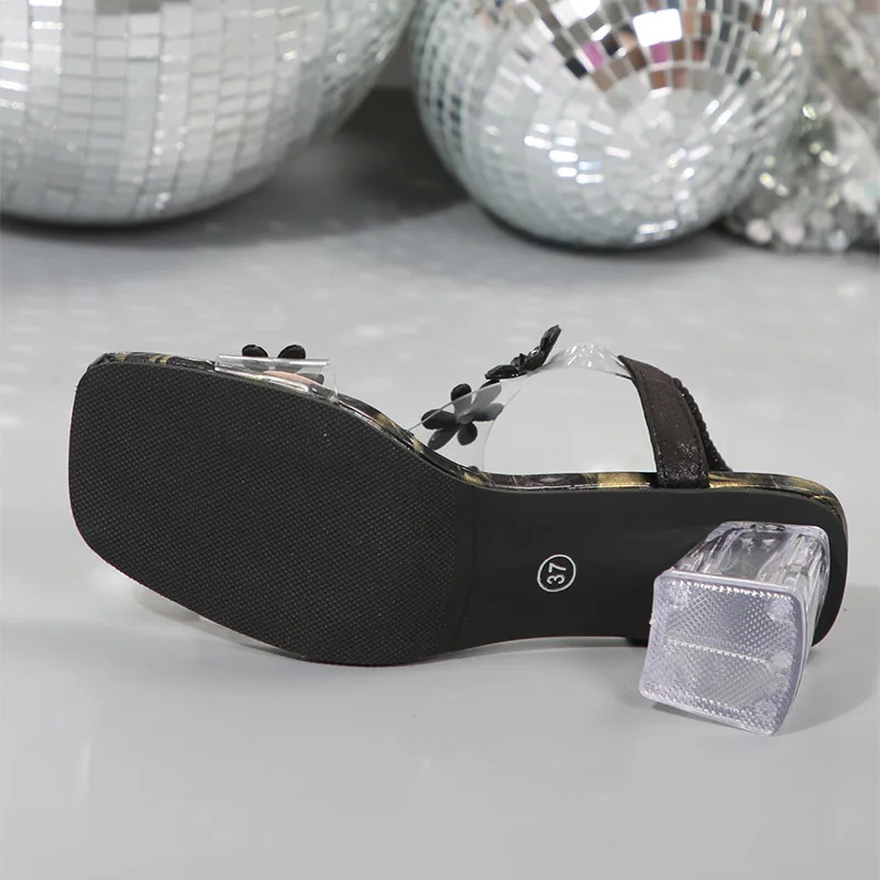 Womens Crystal Flower Decor High Heels Sandals Summer Transparent Thick Heeled Sandals Woman Plus Size Black Party Shoes 250605