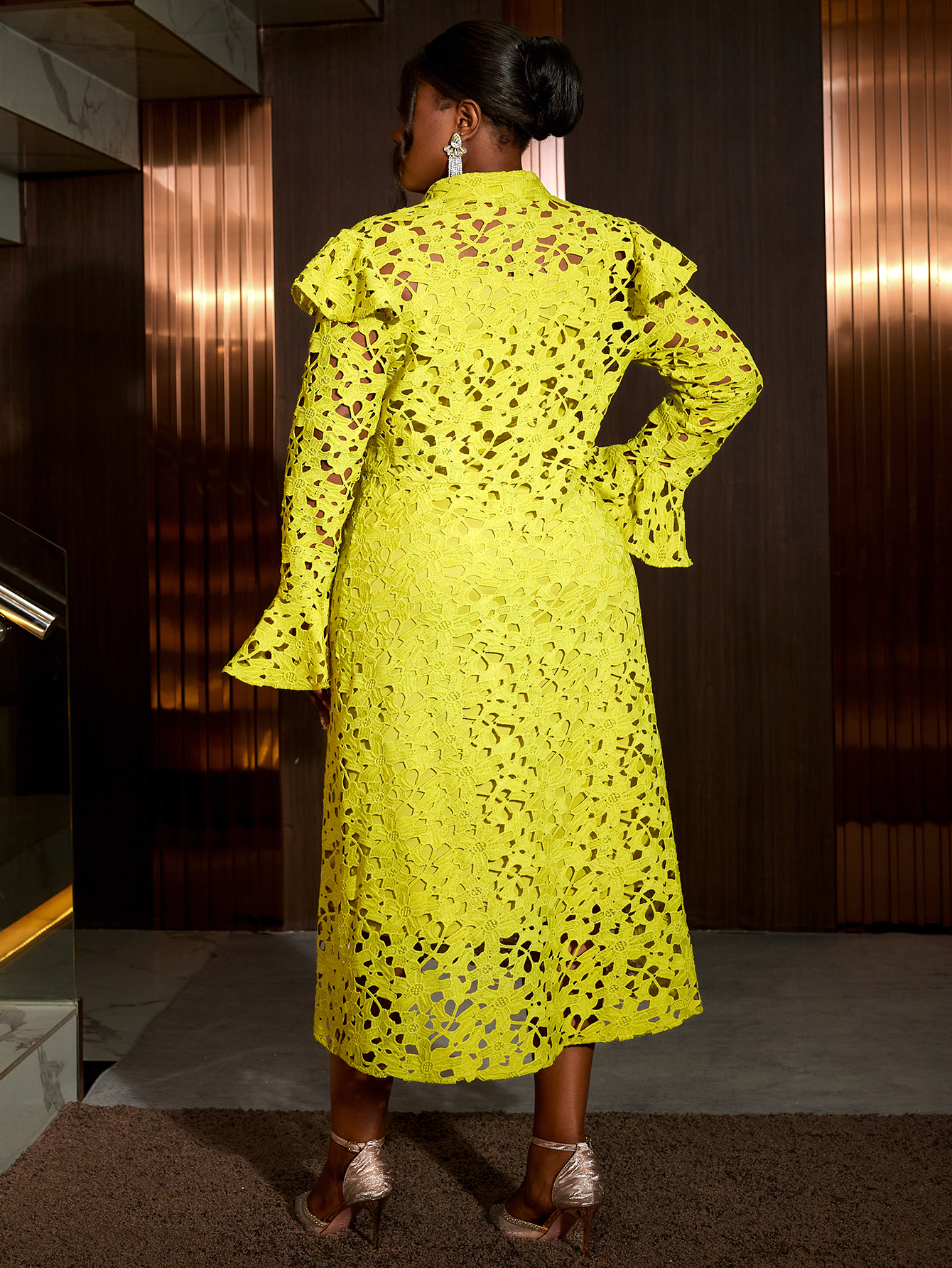 Elegant Women Plus Size Yellow Green Two Piece Sets Cutout Lace Straight Dress Full Trumpet Sleeve Stand Collar Midi Length Daily Wear AM040851SET