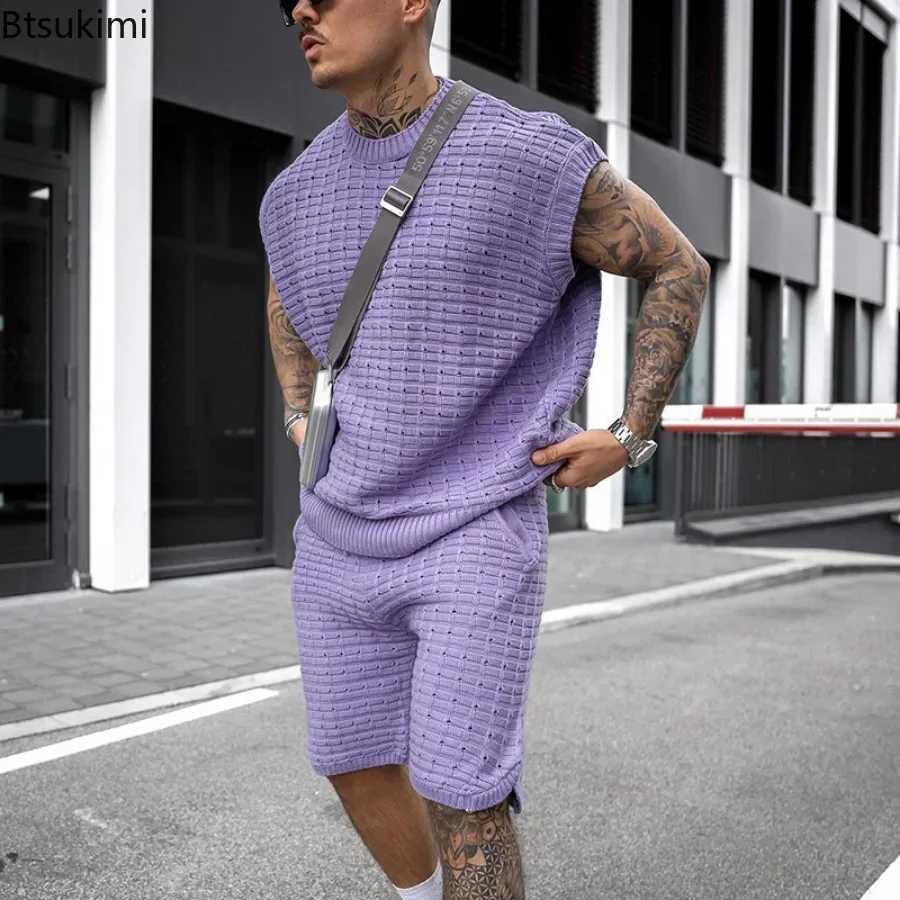 New 2025 Mens Two Piece Casual Sets for Summer Solid Sleeveless Tops Shirts and Shorts Sets Male Streetwear Tracksuit Sets Men W250609