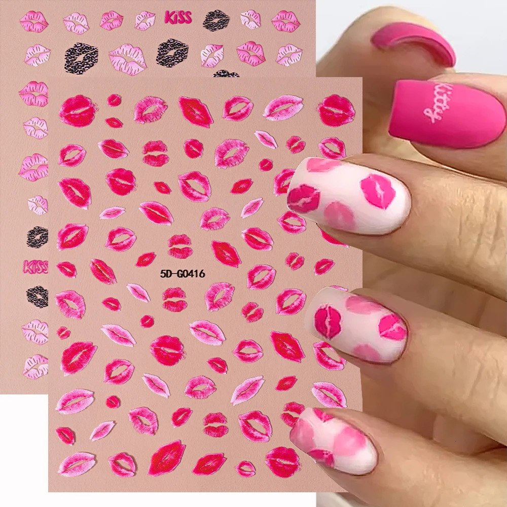 1sheet 5D Sexy Red Lips Nail Decal Stickers KISS Love Heart Valentines Day Selfadhesive Slider DIY Romantic Decor 250605