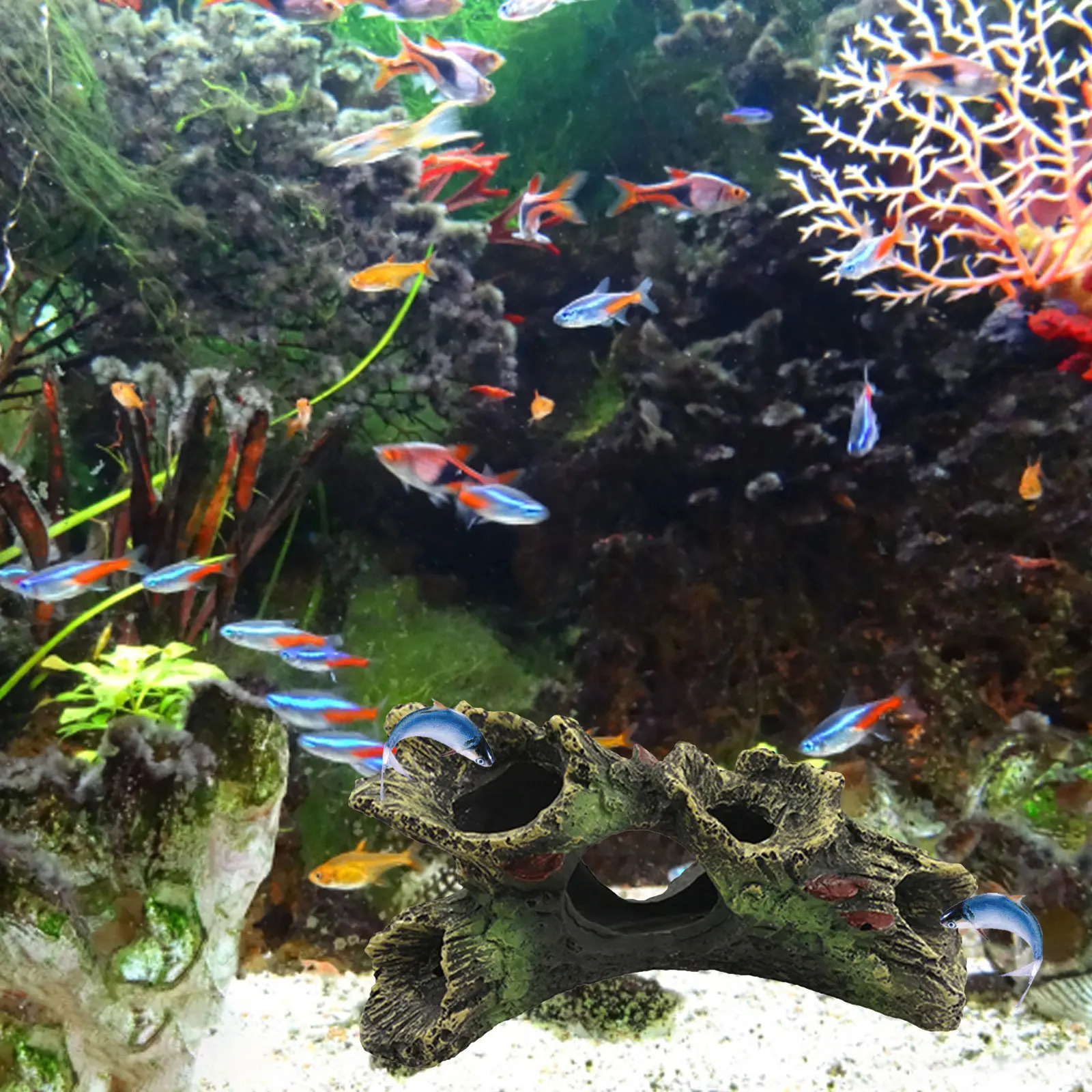 Artificial Landscape Ornament Multifunction Aquarium Hollow Log Decor Non-toxic Resin Fish Hiding Cave for Fish Tank Aquarium 250604