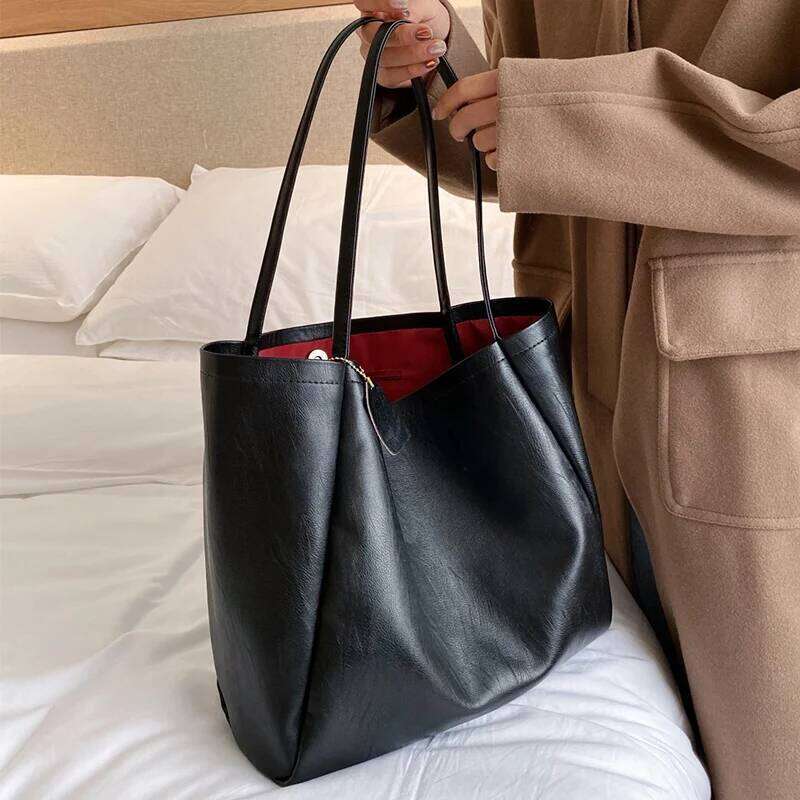 Soft Leather Women's High Capacity Shoulder Women Simple Solid Color Purse Female Top- Handle Bag Office Handbag