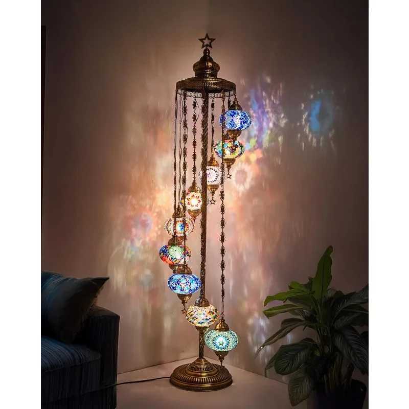 9-Globe Turkish Moroccan Mosaic Floor Lamp - 70 Tall Handmade Bohemian Tiffany-Style Lighting for Bedroom Living Room W250607