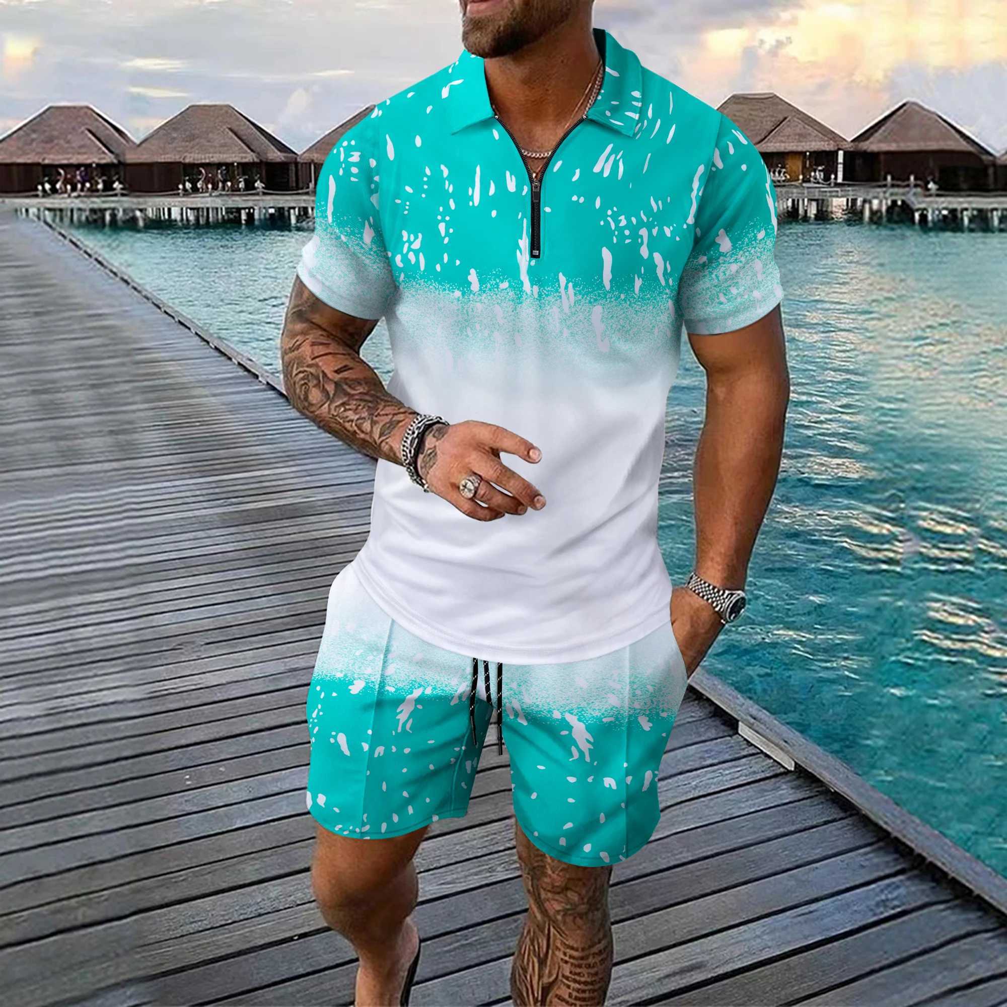 Funny 3D Plaid Print Mens Short Sleeve Sets Fashion Zip Polo Tops +Shorts Outfit Summer Loose T-shirts Suit Casual Men Clothing W250609