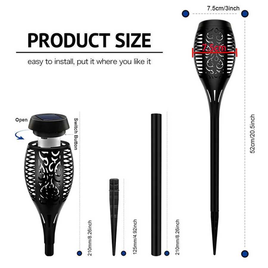 Waterproof Solar LED Flame Torch Light Outdoor 1/2/4/6pcs Path Yard Patio Landscape Lawn Lamps for Garden Courtyard Decoration W250607