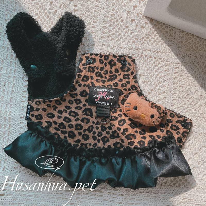 Luxury Dog Dress Clothes for Girls Female, Leopard Print Wool Lining Pet Winter Clothes with D-ring, Cartoon Cat Doll, Princess Dress Harness for Holi