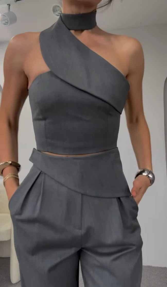 Womens Pants and Blouse Sets Summer Diagonal Collar Hanging Neck Slim Fit Top and High Waist Straight Leg Trousers Suits 250605